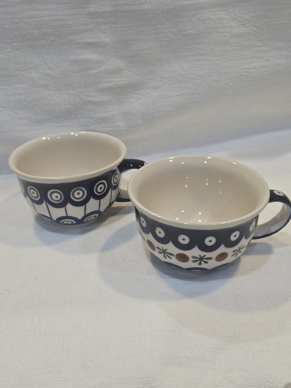 Hand-Painted Ceramic Mugs in Navy Blue and Cream - Set of 2